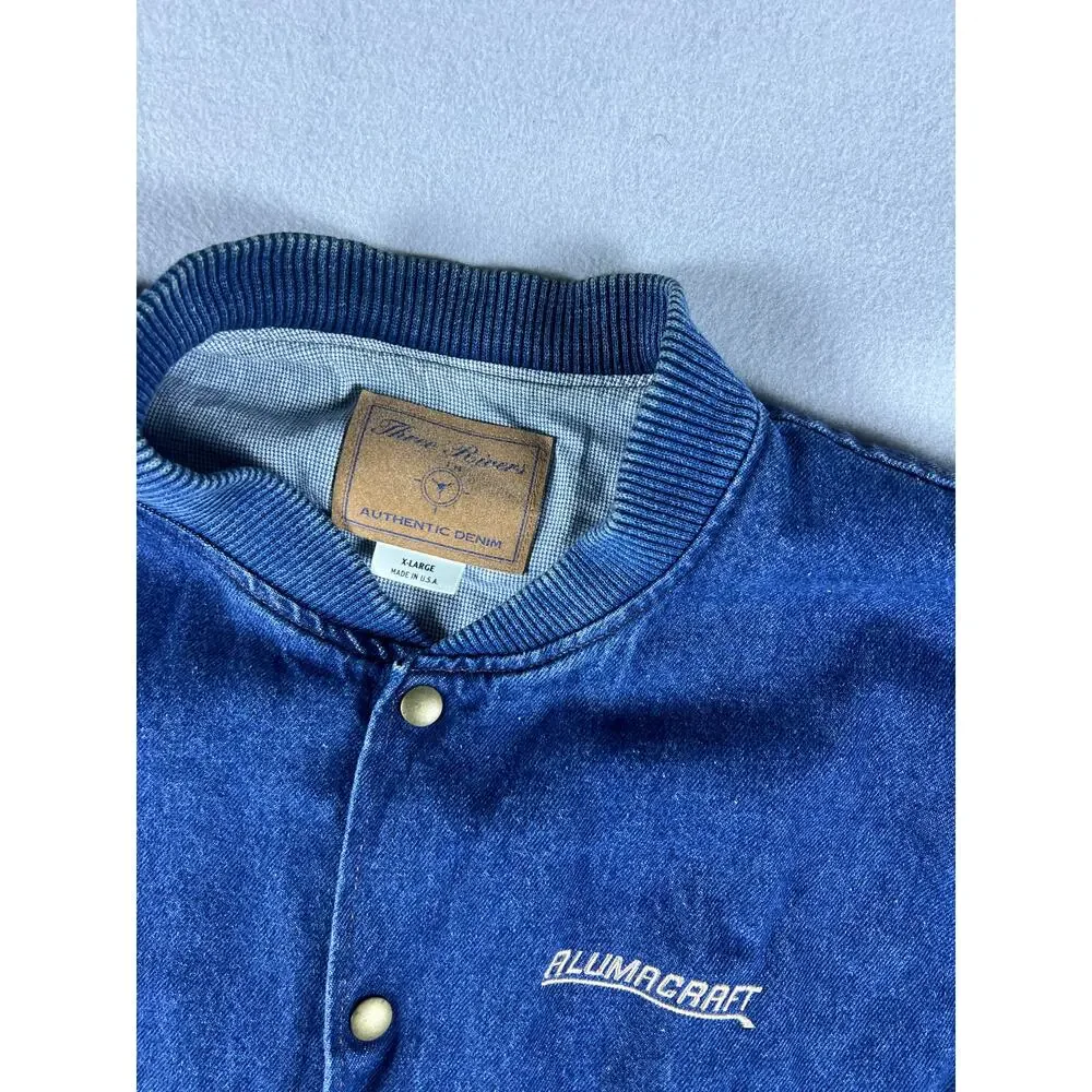 Vintage Three Rivers Varsity Jacket Mens XL Blue Tan Alumacraft Denim Bomber USA